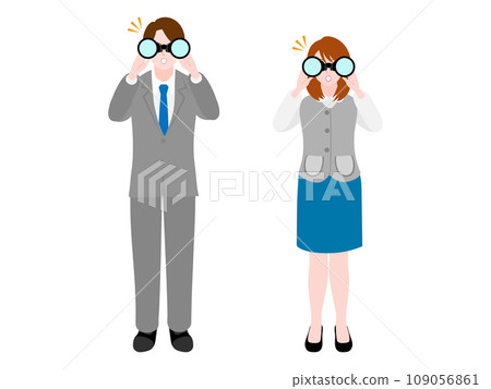一名男性和女性辦公室職員驚訝地透過雙筒望遠鏡發現某些東西的插圖 109056861