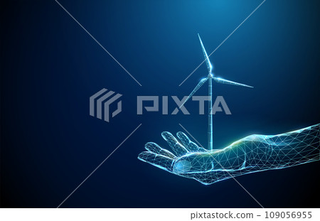 Abstract giving hand with wind turbine. Alternative renewable power generation. Green energy concept. 109056955