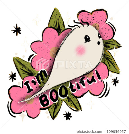 Hand drawn illustration of cute white orange Halloween ghost in with flowers leaves I am bootiful boo concept. Funny kids nursery holiday design in watercolor, creepy spooky print for children . Hand drawn illustration of cute white orange Halloween ghost in with flowers leaves I am bootiful boo concept. Funny kids nursery holiday design in watercolor, creepy spooky print for children . 109056957