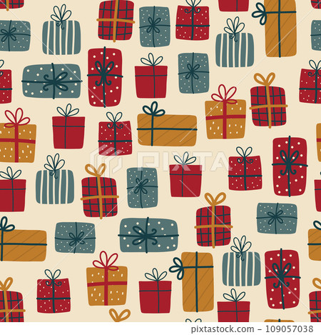 Christmas gifts pattern. Seamless background with Xmas present boxes. Christmas gifts pattern. Seamless background with Xmas present boxes. 109057038