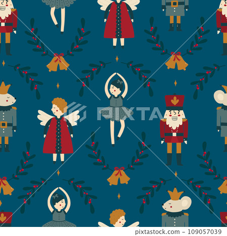 Christmas decorations flat vector seamless pattern. Traditional winter holiday cartoon texture. 109057039