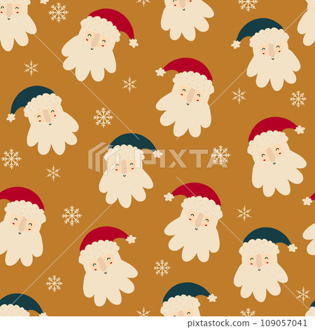 Santa heads and snowflakes cool repeat background.  109057041