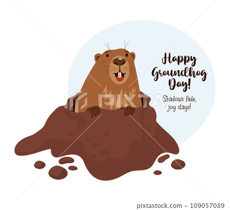 Cute joyful animal groundhog looks out of hole. Holiday card Happy Groundhog Day. February 2. Vector illustration. 109057089