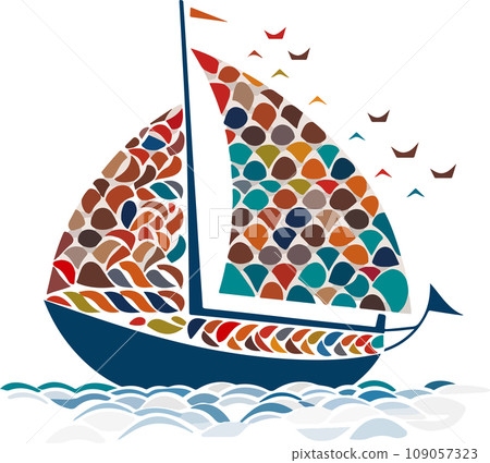 Vector ornamental ancient sailboat illustration. Abstract historical mythology ship logo. Good for print or tattoo Vector ornamental ancient sailboat illustration. Abstract historical mythology ship logo. Good for print or tattoo 109057323