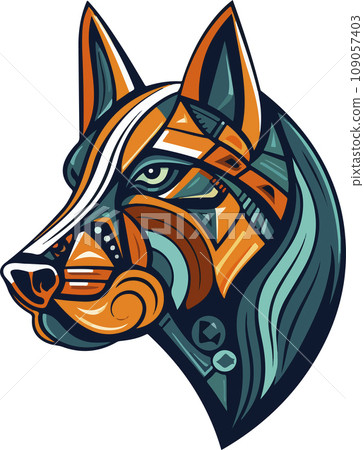 Vector ornamental ancient wolf, dog head illustration. Abstract historical mythology dog or wolf head logo. Good for print or tattoo 109057403