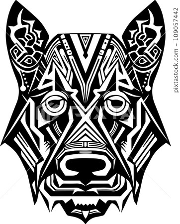 Vector ornamental ancient wolf, dog head illustration. Abstract historical mythology dog or wolf head logo. Good for print or tattoo 109057442