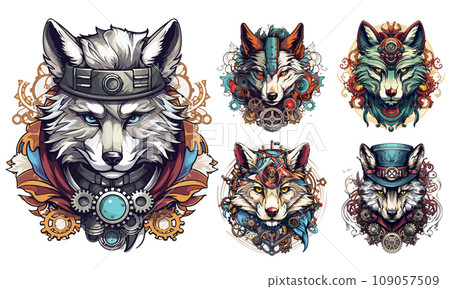 Steampunk Wolf logo emblem templates set. Colored vintage whimsical steam punk wolf logo collection. 109057509