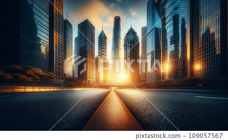Future city and roads shining in the sunset 109057567