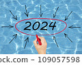 2024, Woman writing the number 2024 on background of faded lights. Happy New Year 109057598