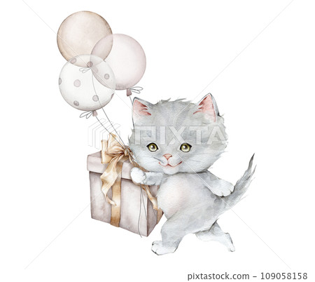 Little fluffy gray kitten and balloon. Watercolor hand drawn. Beige gift boxe with golden bows. Scottish fold isolated on white background. Spotted cat. Pet cartoon for kid. Air Balloons pastel color 109058158