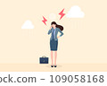 ed business woman has a headache,thunderstorm,storm cloud and lightning,The concept of business problem,work pressure,headache,Migraine,stress work, unhappy businesswoman,vector illustration. 109058168