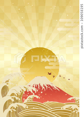 Illustration of waves, Mt. Fuji and the first sunrise of the year _Vertical 3 109058195