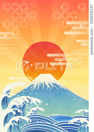 Illustration of waves, Mt. Fuji and the first sunrise of the year_vertical 5 109058197
