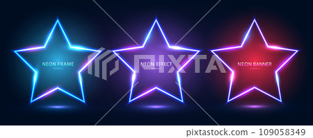 A set of three neon frames in the shape of a star with shining effects and highlights on a dark blue background. A set of three neon frames in the shape of a star with shining effects and highlights on a dark blue background. 109058349