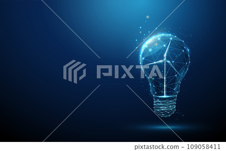 Abstract blue glowing light bulb with wind turbine inside. Renewable power generation. Green energy concept. Abstract blue glowing light bulb with wind turbine inside. Renewable power generation. Green energy concept. 109058411