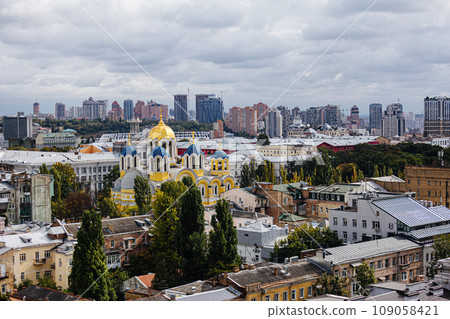 Amazing Ukraine Kyiv Kiev beautiful church. St Volodymyr's Cathedral. Top view from drone aerial photo. Famous tourist places 109058421