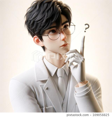 3D illustration of a man wearing a white coat, pointing his index finger and explaining 3D illustration of a man wearing a white coat, pointing his index finger and explaining 109058825