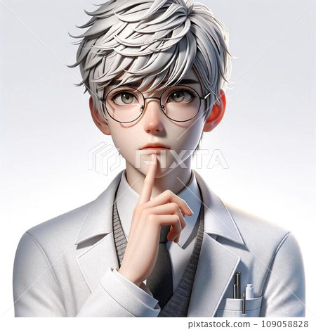 3D illustration of a man wearing a white coat, pointing his index finger and explaining 3D illustration of a man wearing a white coat, pointing his index finger and explaining 109058828