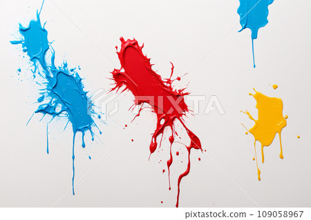 Blue, red and yellow paint splashes isolated on white background. 109058967