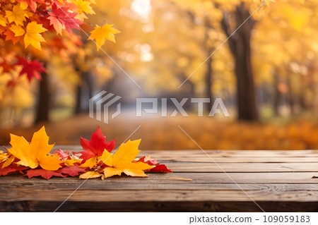 Wooden table and blurred Autumn background. Autumn concept 109059183