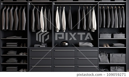 An elegant, minimalist dark wood men's dressing room with clothes hanging, shelves and drawers. An elegant, minimalist dark wood men's dressing room with clothes hanging, shelves and drawers. 109059271
