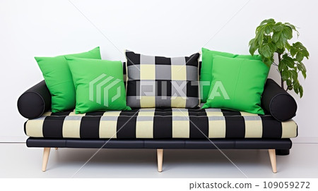 Cozy checkered sofa with green pillows. Interior design of a modern living room. Cozy checkered sofa with green pillows. Interior design of a modern living room. 109059272