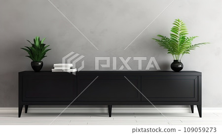Black wooden chest of drawers against a concrete wall. Black wooden chest of drawers against a concrete wall. 109059273