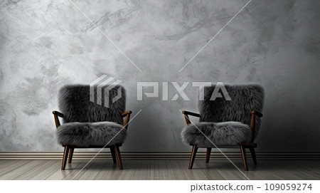 Two black fluffy fur armchair made of sheepskin against a background of dark plaster wall with copy space. 109059274