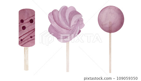 Watercolor painting set of bright delicious pink sweets: cupcake, meringue and lollipop. isolated on white background 109059350