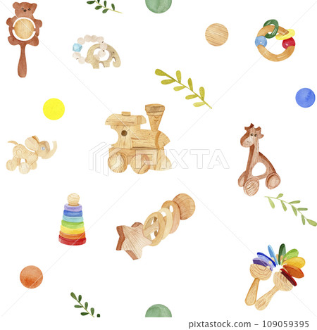 Watercolor seamless pattern with wooden children's toys: pyramid, teething accessories, giraffe, rattle, locomotive White color background. Ideal for scrapbooking, printing, textiles and other ideas 109059395