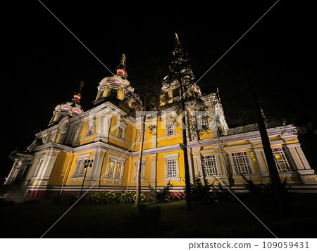 Orthodox Cathedral in the park in Almaty at night Orthodox Cathedral in the park in Almaty at night 109059431