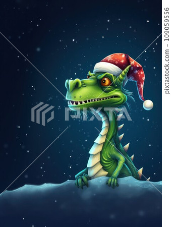 Green cute cartoon dragon in Santa Hat in winter in the snow, vertical format. 109059556