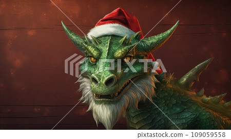 Head of green cartoon dragon in Santa Hat on red wooden background. 109059558