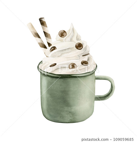 Green mug with white cream, striped wafer rolls and chocolate drops. Watercolor illustration isolated on white background for winter holidays design. Green mug with white cream, striped wafer rolls and chocolate drops. Watercolor illustration isolated on white background for winter holidays design. 109059685