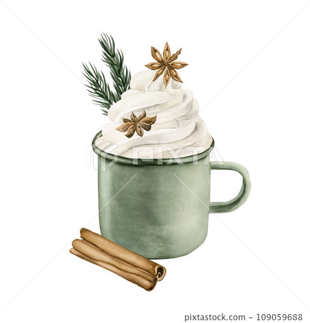 Composition of green mug with white cream, stars anise, pine branches and cinnamon sticks. Watercolor illustration isolated on white background for winter holidays design. Composition of green mug with white cream, stars anise, pine branches and cinnamon sticks. Watercolor illustration isolated on white background for winter holidays design. 109059688