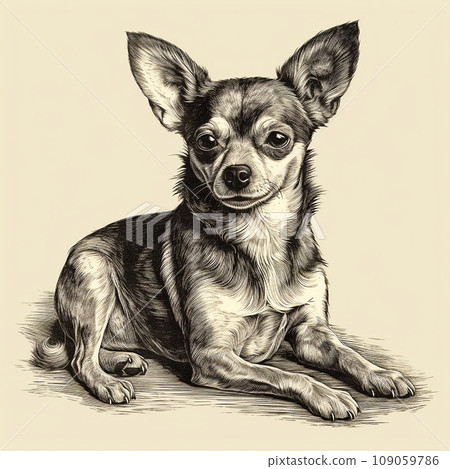 Chihuahua, engraving style, close-up portrait, black and white drawing, cute dog, favorite pet Chihuahua, engraving style, close-up portrait, black and white drawing, cute dog, favorite pet 109059786