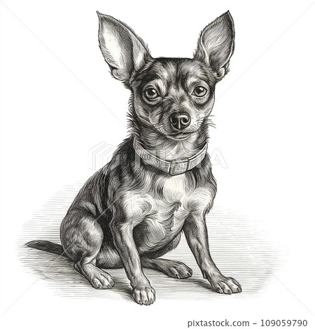 Chihuahua, engraving style, close-up portrait, black and white drawing, cute dog, favorite pet 109059790