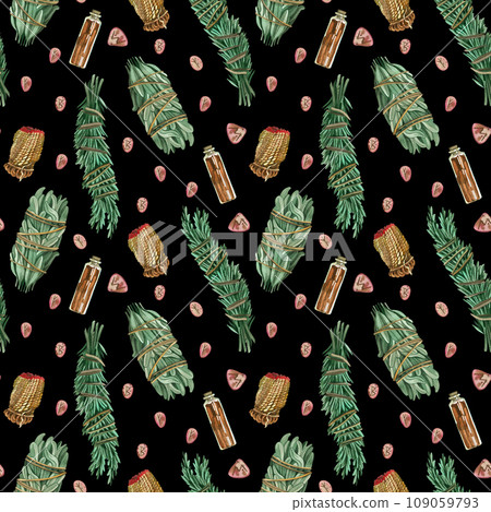 Seamless pattern on a black background. Items for fortune telling: white sage and rosemary in a bunch, runes on stones, hand painted with watercolors. Suitable for printing on fabric, paper, design 109059793
