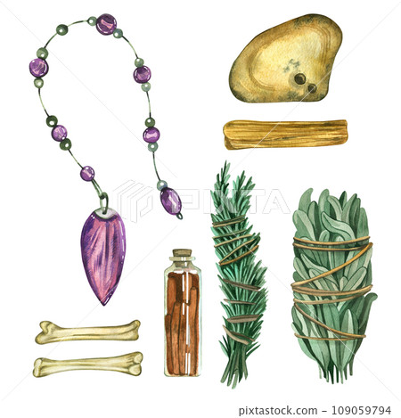 Set of watercolor illustrations. Fortune telling set, pendulum crystal, palo santo for fumigation, chicken god stone, chicken bones and bunches of herbs painted in watercolor. Suitable for printing 109059794