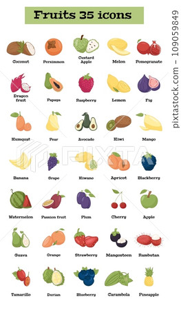 Fruits Icons set 35 types of colorful Fruits with names. Fruits Icons set 35 types of colorful Fruits with names. 109059849