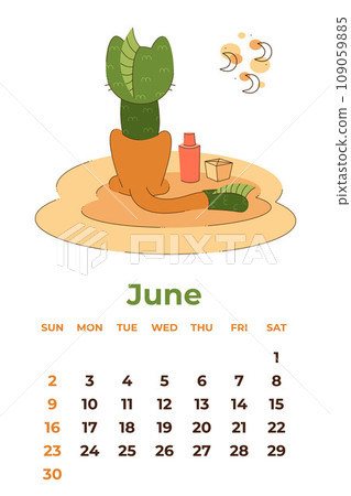 June 2024. Calendar sheet with a cute cat in a dragon costume sitting with his back to us. Cartoon vector illustration. June 2024. Calendar sheet with a cute cat in a dragon costume sitting with his back to us. Cartoon vector illustration. 109059885