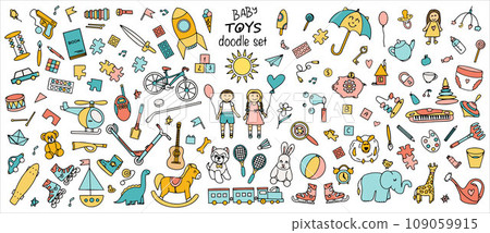 A colorful set of children's toys, sports and creative items. Doodle. Vector illustration A colorful set of children's toys, sports and creative items. Doodle. Vector illustration 109059915