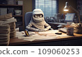 The concept of an overwhelming workload and the life centered around work is illustrated through an image of a mummy engaged in office work. 109060253