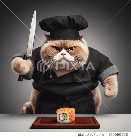 A fat cat in an apron with a knife in his paws prepares sushi A fat cat in an apron with a knife in his paws prepares sushi 109060318