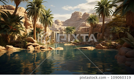 Oasis a fertile spot in a desert, where water is found with palm trees, nature concept 109060319