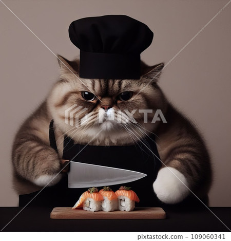 A fat cat in an apron with a knife in his paws prepares sushi 109060341