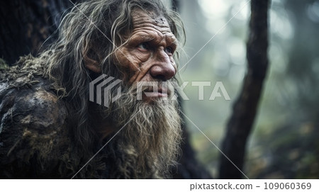 Neanderthal man in the forest, uncivilized, unintelligent, or uncouth 109060369