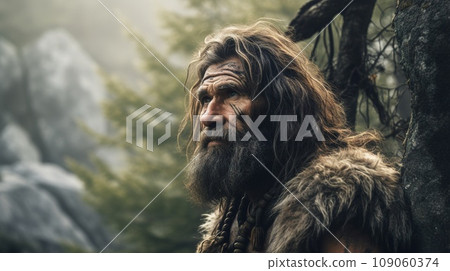 Neanderthal man in the forest, uncivilized, unintelligent, or uncouth 109060374