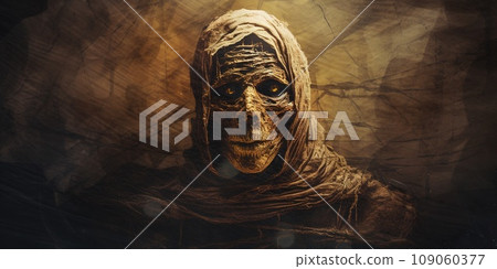 Creepy mummy in the egypt, a body of a human being or animal that has been ceremonially preserved by removal of the internal organs, treatment with natron and resin, and wrapping in bandages Creepy mummy in the egypt, a body of a human being or animal that has been ceremonially preserved by removal of the internal organs, treatment with natron and resin, and wrapping in bandages 109060377
