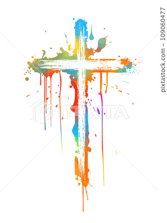 colored cross made of blots. Happy easter. hand drawing. Not AI, Vector illustration 109060477